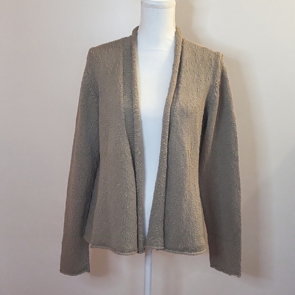 Eileen Fisher Cotton Open Front Cardigan Taupe Size Large